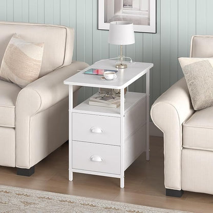 sthmec End Table with Charging Station, Narrow Side Table with 2 Drawers, Nightstands with Drawers, USB Ports & Power Oulets,Slim Sofa Side Tables for Small Spaces,Living Room,Bedroom, White