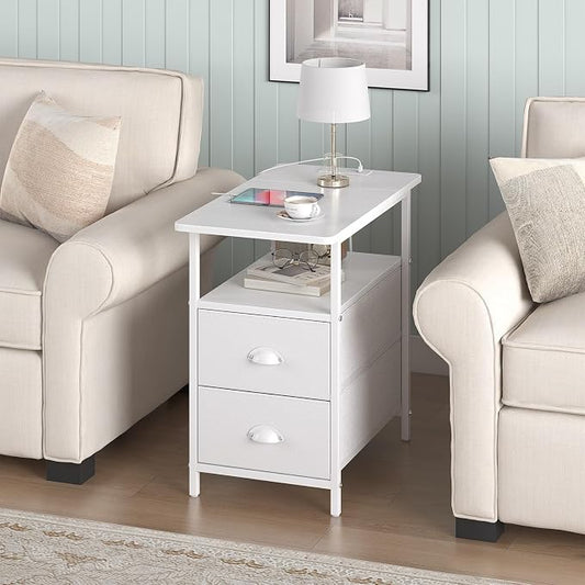 sthmec End Table with Charging Station, Narrow Side Table with 2 Drawers, Nightstands with Drawers, USB Ports & Power Oulets,Slim Sofa Side Tables for Small Spaces,Living Room,Bedroom, White