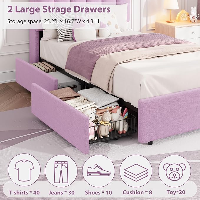 Garvee LED Twin XL Bed Frame with Storage Headboard, Kids Bed Frame with 2 Drawers, Boucle Upholstered Platform Bed for Girls, Chic Wavy Headboard with Bookcase, No Box Spring Needed, Purple