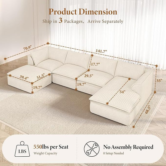 Vesgantti 141.7" U Shaped Sectional Boneless Couch, Modern 6 Seater Modular Sofa with Chaise & Ottoman, Deep Seat Plush Corduroy Cloud Couches for Living Room, No Assembly Required, Beige