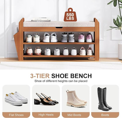 PETKABOO 31.5" Bamboo Shoe Rack Bench with Coat Rack, 3-Tier Entryway Bench with Thick Cushion, Flip-Top & Side Baskets, Holds Up to 550 LBS for Hallway, Living Room, Bedroom