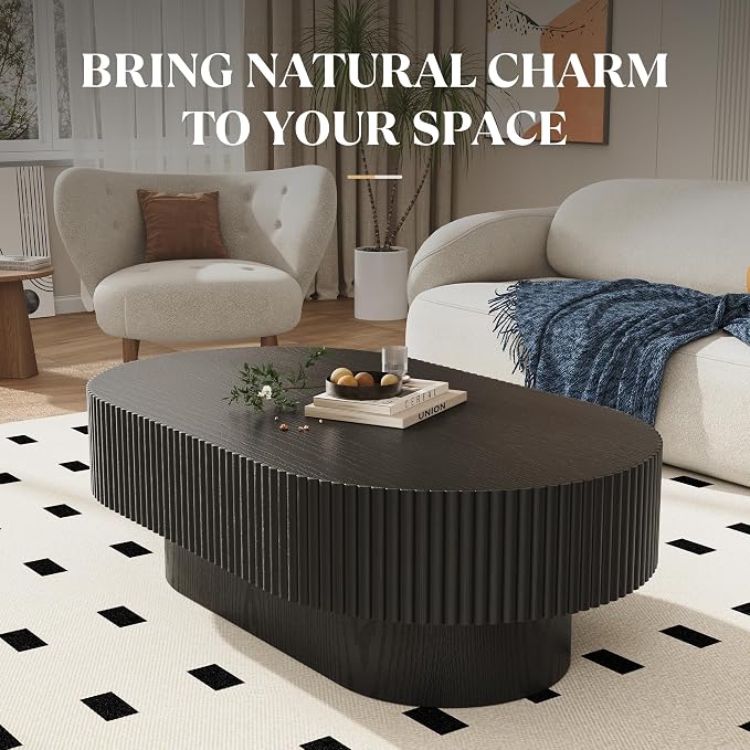 YOUDENOVA 43.7” Oval Coffee Table, Modern Wood Fluted Coffee Table for Living Room, Veneer Handcrafted Relief Center Table with Sturdy Pedestal，Easy Assembly - Black