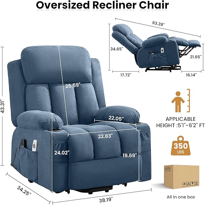 MAHOMICO Power Lift Recliner Chair for Elderly with Vibration Massage and Lumbar Heating Electric Oversized Single Sofa with Cup Holder and USB Charge Port for Living Room