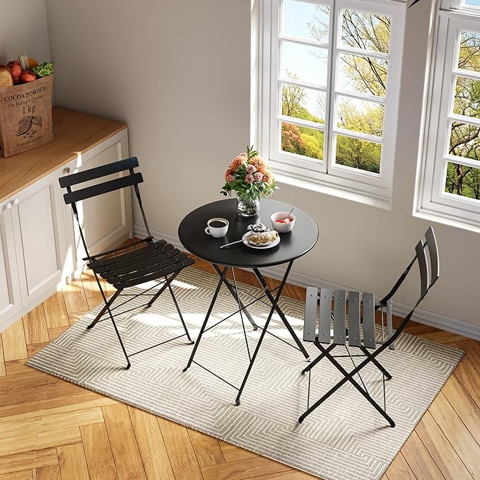 Bistro Table and Chairs Set of 2, 3 Piece Outdoor/Indoor Folding Patio Bistro Sets, 2 Chair Patio Furniture Set with Table, Premium Frame Foldable Coffee Tables for Balcony, Yard, Garden, Black