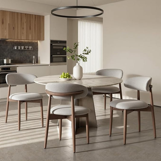COLAMY Mid-Century Modern Wooden Dining Chair Set of 4, Indoor Upholstered Kitchen Chairs with 2.6" Cozy Padded Seat, Walnut Finish Side Dining Chair, [Gray]