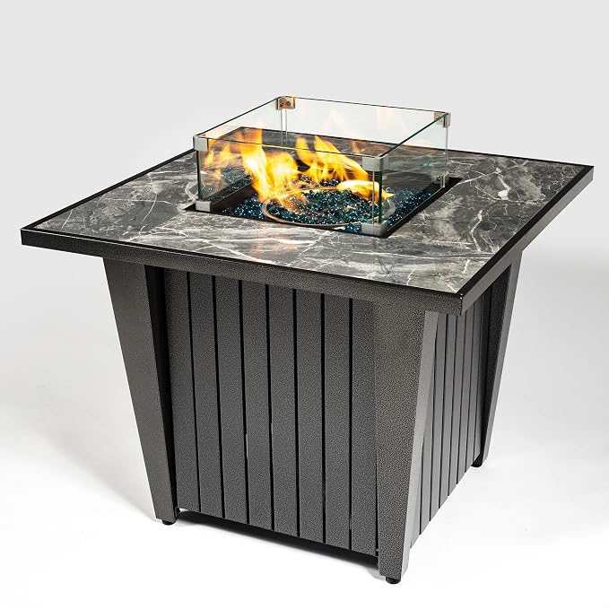 32" Propane Gas Fire Pit Table, 50,000 BTU Square Outdoor Fire Pit with Ceramic Tile Top & Glass Wind Guard, Steel Patio Fire Table with Lid, Blue Glass Beads & Rain Cover, Gray