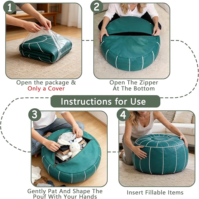 Thgonwid Unstuffed Moroccan Storage Pouf Foot Stool Ottoman Seat Handmade Faux Leather Bean Bag Floor Chair Foot Rest for Living Room, Bedroom or Balcony (Teal Blue)