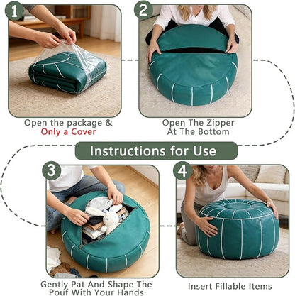 Thgonwid Unstuffed Moroccan Storage Pouf Foot Stool Ottoman Seat Handmade Faux Leather Bean Bag Floor Chair Foot Rest for Living Room, Bedroom or Balcony (Teal Blue)