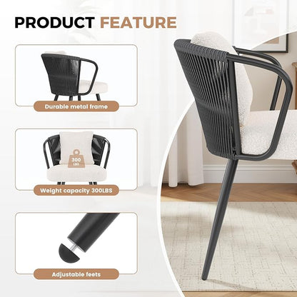 Rope Weaving Dining Chairs Set of 6, Rattan Upholstered Kitchen Chair with Metal Legs, Ergonomic Curved Backrest, Modern Living Room Chairs with Throw Pillow for Kitchen, Black