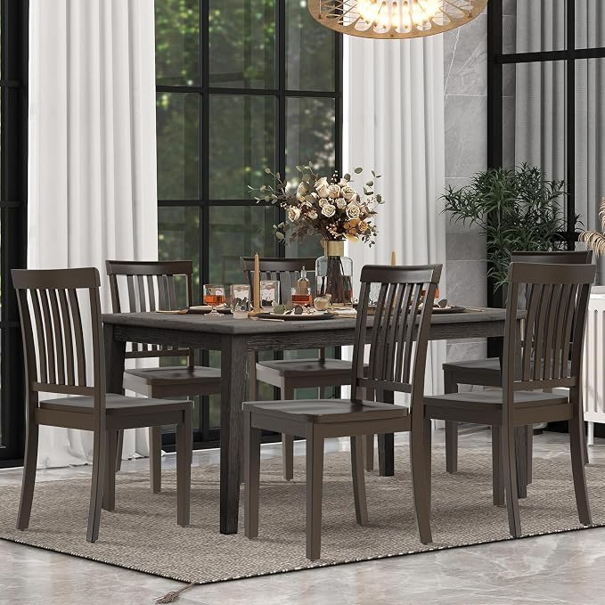 COLAMY Wooden Dining Chairs Set of 2, Solid Rubberwood Kitchen & Dining Room Chairs,Windsor Style Seating, Rustic Dining Table Chairs, Non-Slip Foot Pads, Farmhouse & Traditional Seating,Dark Brown