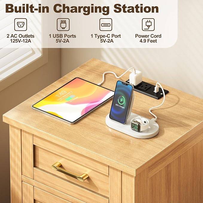 Decofy Farmhouse Nightstand with Charging Station, Set of 2 Modern End Tables with Large Storage and One Drawers, Outlets, USB Ports & Type-C Ports, Wood Rustic Nightstands for Bedroom (Oak)
