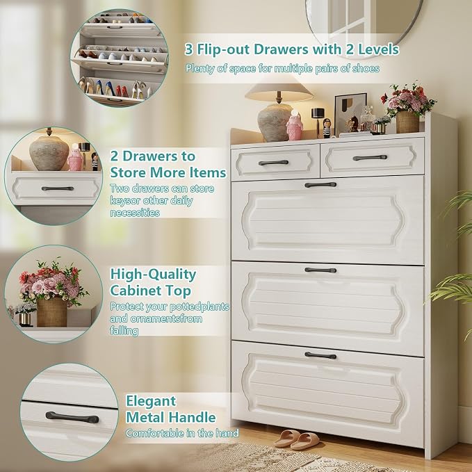 Shoe Cabinet with 3 Large Flip Drawers and 2 Storage Drawers, Narrow Shoe Organizer Cabinet Fits for Kinds of Shoes, Slim Shoe Storage Cabinet for Entryway, Hallway, Light White