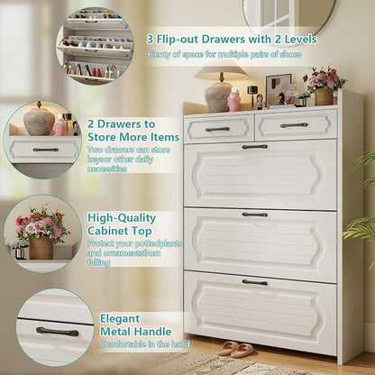 Shoe Cabinet with 3 Large Flip Drawers and 2 Storage Drawers, Narrow Shoe Organizer Cabinet Fits for Kinds of Shoes, Slim Shoe Storage Cabinet for Entryway, Hallway, Light White