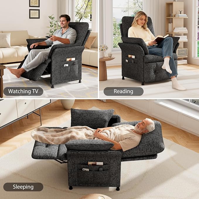 Power Recliner Chair for Adults with Heat & Massage - Linen Electric Reclining Sofa with Remote Control, 3 Side Pockets, 180° Lay Sleeper for Home Theater Living Room, Dark Grey