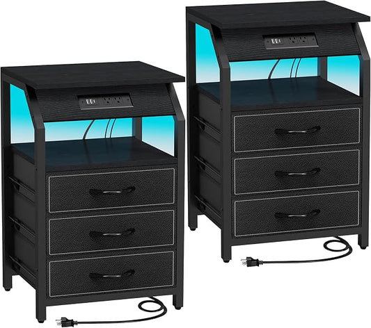 SZLHANJZ End Tables Set of 2, Nightstands with Charging Station and LED Lights, 3 Drawers Fabric Bedside Table, Storage Side Tables for Bedside, Living Room, Modern Black