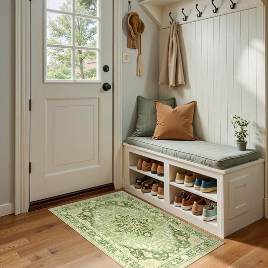 RELEANY Area Rugs Small 2'x4' Washable Non-Slip, Floral Vintage Distress Medallion Carpet for Kitchen Entryway Bathroom, Sage Green Yellow