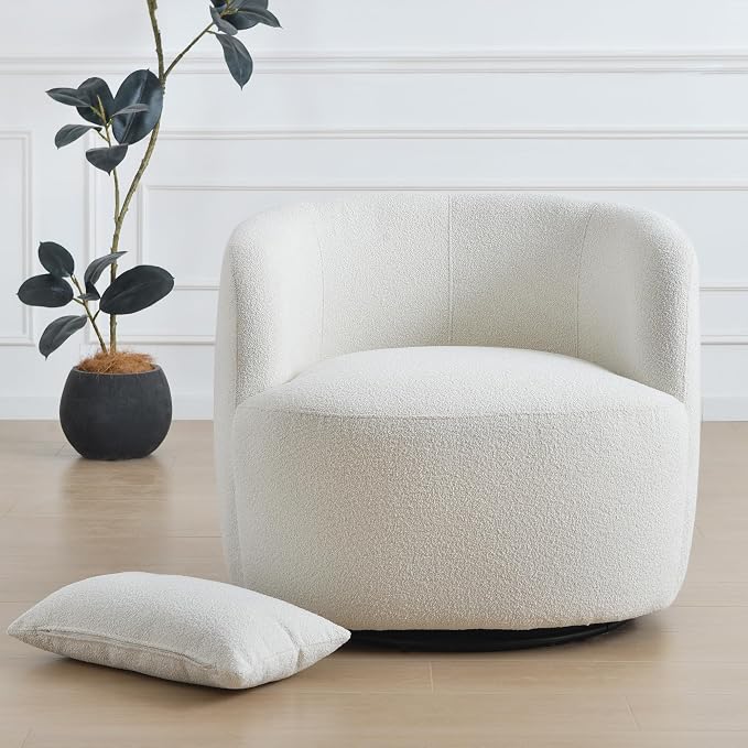 KINWELL 34" Wide Sherpa Swivel Barrel Chair, No Assembly Round Boucle Upholstered Accent Chair Armchair Single Sofa Chair with Toss Pillow for Living Room and Bedroom, Beige