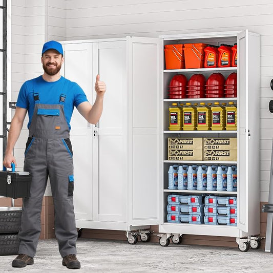 75" Metal Garage Storage Cabinet with Wheels and Locking Doors and Tall Rolling Steel Tool Cabinet with 5 Adjustable Shelves for Garage,Home,Office,Shop (White, 75''H x 32''W x16''D)