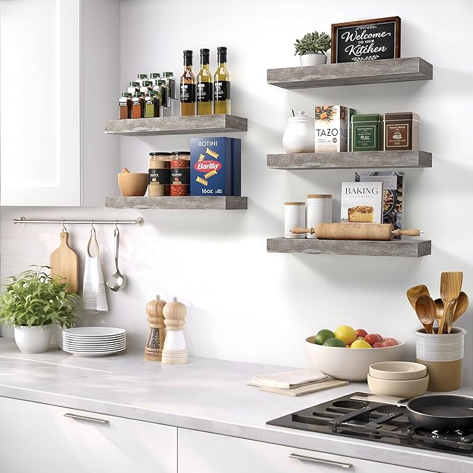 Sorbus Floating Shelves for Wall – 16 Inch Floating Shelf for Kitchen, Bedroom, Living Room, Bathroom, Home & Wall Decor - Mounted Bathroom Shelves with Invisible Brackets (Grey, 3 Pack)