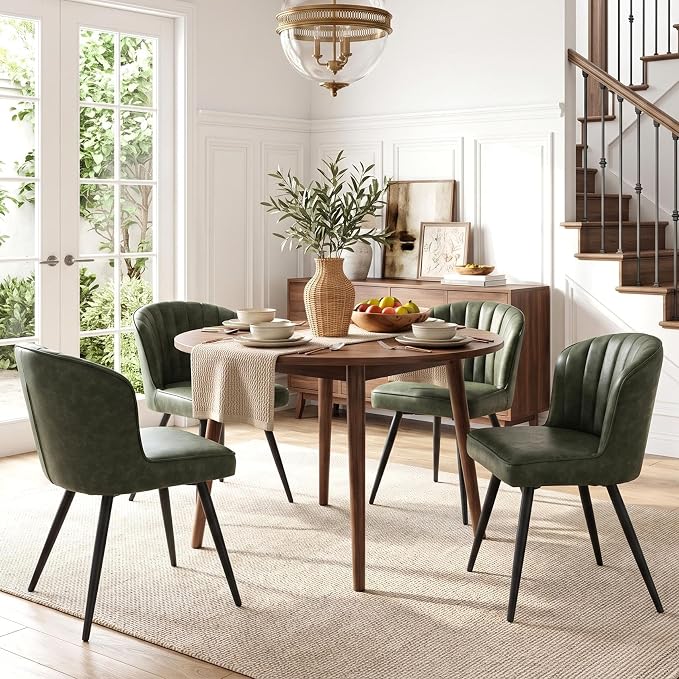 ROCITY Modern Upholstered Dining Chairs Set of 2 Green Leather Dining Room Chairs Armless Kitchen Chair with Black Metal Legs