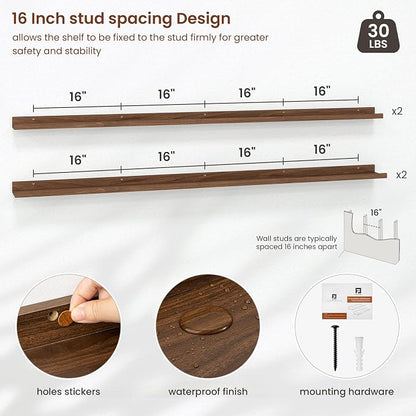 Axeman 72 Inch Floating Shelves | Walnut Picture Ledge Shelf Set of 4 | Rustic Wood Wall Shelves with Lip | 72" Walnut Picture Shelves for Wall with Ledge | Photo Shelves