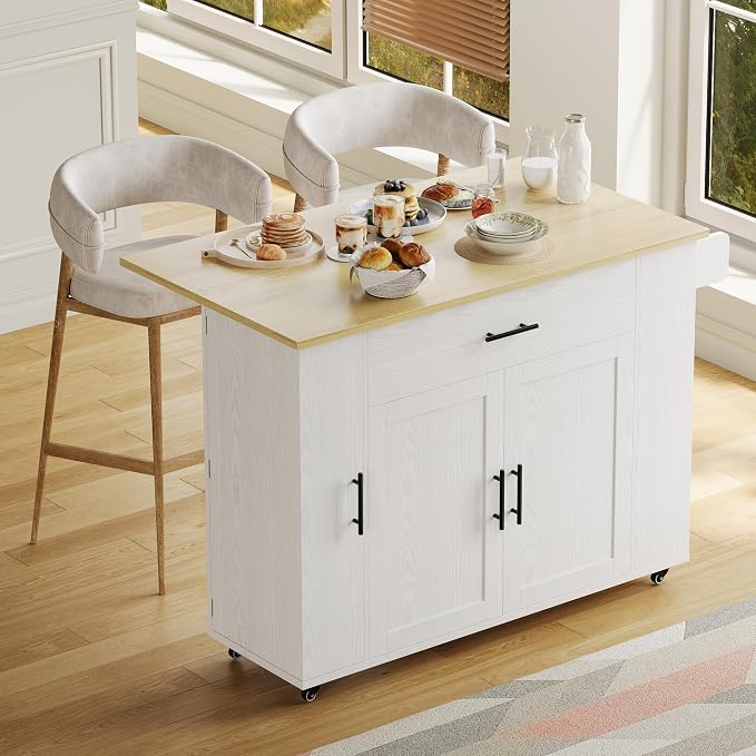 IRONCK Rolling Kitchen Island Table on Wheels with Drop Leaf, Storage Cabinet and Drawer, 52 in Kitchen Cart with Spice and Towel Rack for Kitchen, White