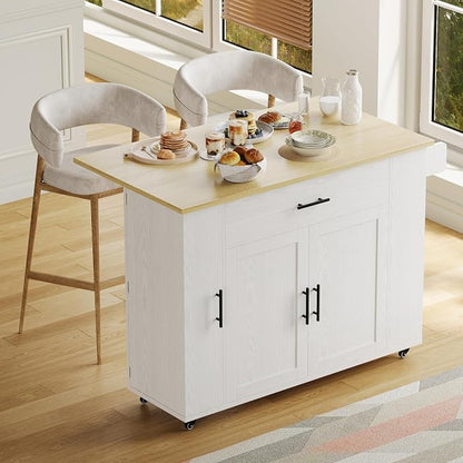 IRONCK Rolling Kitchen Island Table on Wheels with Drop Leaf, Storage Cabinet and Drawer, 52 in Kitchen Cart with Spice and Towel Rack for Kitchen, White