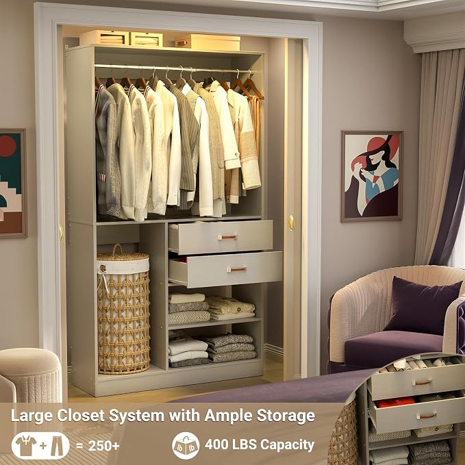 Armocity Closet System with Suitcase Storage, 40 Inches Stand-alone Wardrobe with 2 Wood Drawers, 80'' Height Adjustable Cloth Garment Rack, Walk-in Closet with Hanging Rod, Grey