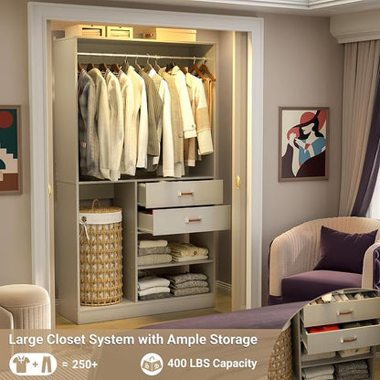 Armocity Closet System with Suitcase Storage, 40 Inches Stand-alone Wardrobe with 2 Wood Drawers, 80'' Height Adjustable Cloth Garment Rack, Walk-in Closet with Hanging Rod, Grey