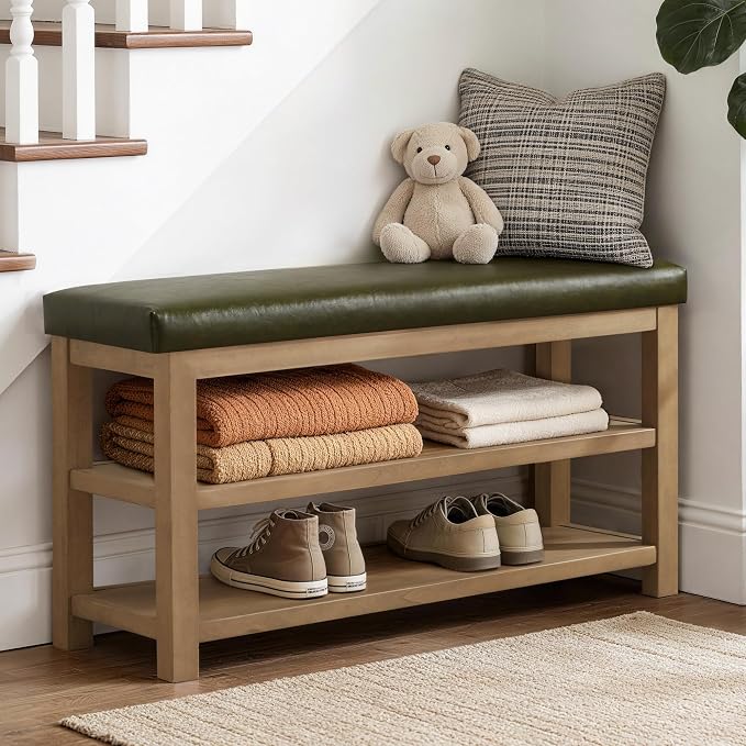 Zihanhome Shoe Rack Bench with Leather Cushion, 2 Tier Solid Wood Storage Bench, Mid-Century Modern Shoe Bench for Entryway, Hallway, Closet, Front Door Entrance, Foyer (Green, 46.5)