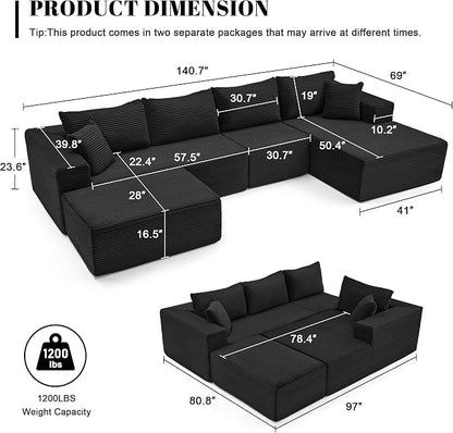 Mangodan 140” Cloud Sectional Couch, Boneless Sofa for Living Room, Modular Sectional Sofa with Deep Seat, Comfy Fluffy U-Shaped Couch with Right-Facing Chaise, No Assembly Required, Black