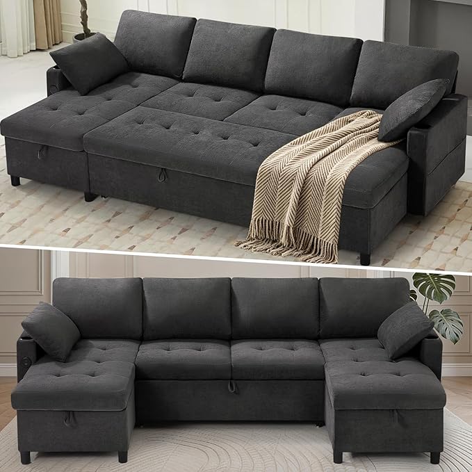 110" U-Shaped Pull Out Sofa Bed w/Adjustable Backrests, Grey | Sectional Sleeper Couch w/Convenient USB Ports & Storage Chaise, Upholstered Sofa Bed w/Cup Holders for Living Room, House