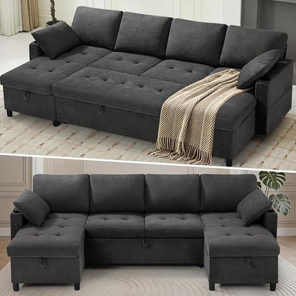 110" U-Shaped Pull Out Sofa Bed w/Adjustable Backrests, Grey | Sectional Sleeper Couch w/Convenient USB Ports & Storage Chaise, Upholstered Sofa Bed w/Cup Holders for Living Room, House