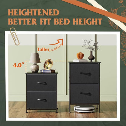 WLIVE Night Stand, Small Dresser with 2 Drawers & Wooden Top, Nightstand with Fabric Bins, Bedside Table End Table for Bedroom, Closet, Entryway, College Dorm, Black