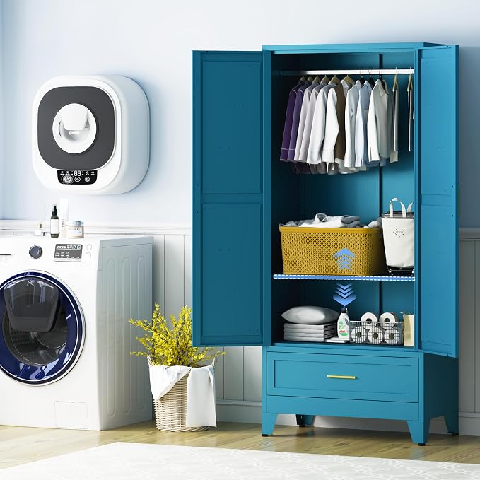 71" H Armoire Wardrobe Closet with 1 Drawer, Metal Wardrobe Closet with Doors and Adjustable Shelves, Wardrobe Cabinet with Hanging Rod, Closets for Bedroom, Laundry Room, Blue