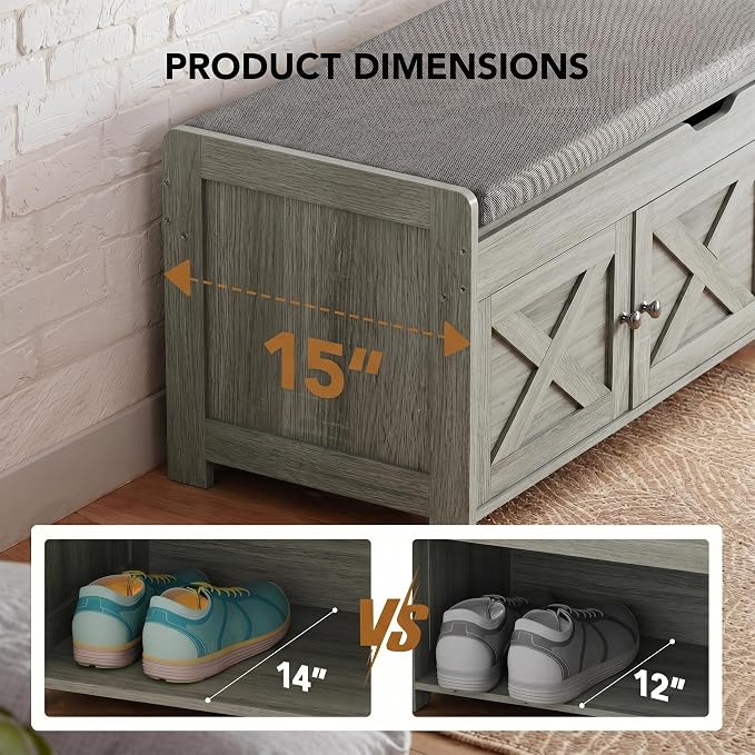Marsail Shoe Storage Bench with Seating, Farmhouse Entryway Bench with Shoe Storage and Cushion, Under Window Benches Wooden Ottoman for Bedroom, Entry Way, Living Room, Grey