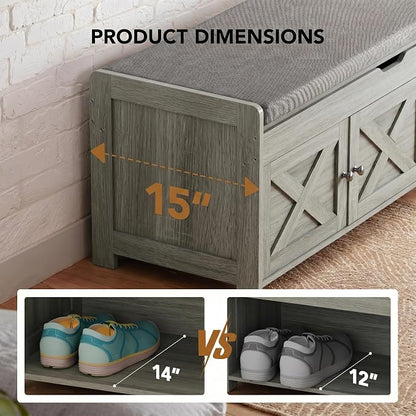Marsail Shoe Storage Bench with Seating, Farmhouse Entryway Bench with Shoe Storage and Cushion, Under Window Benches Wooden Ottoman for Bedroom, Entry Way, Living Room, Grey
