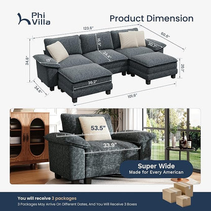 PHI VILLA Cloud Modular Couch Sets, 123.6" Oversized Sectional Sofa with U-Shaped Chaise, 5-Seater Couches with 2 Movable Ottomans for Living Room, Chenille Dark Cyan