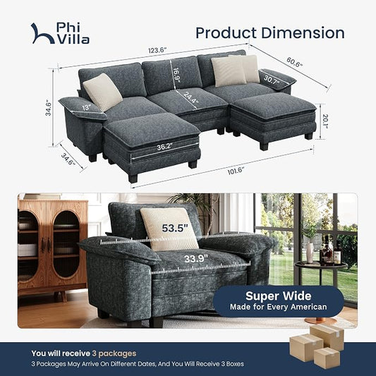PHI VILLA Cloud Modular Couch Sets, 123.6" Oversized Sectional Sofa with U-Shaped Chaise, 5-Seater Couches with 2 Movable Ottomans for Living Room, Chenille Dark Cyan