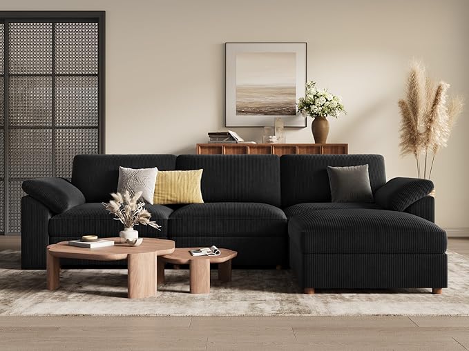 EASE MOOSE Black Modular Sectional deep Sofa, Modern Comfty Large L Shape Sectional Deep Couch with Ottoman, Oversized Modular Sofa for Living Room