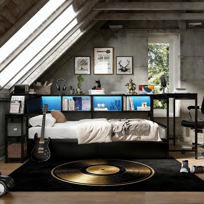 Bellemave Queen Size Corner Bed Frame with Storage Drawers, Bookcase and Side Desk, Queen Corner Bed with Light and Charging Station, Daybed for Bedroom, Living Room, Guest Room Black