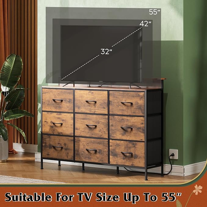 WLIVE Dresser TV Stand for 45, 50, 55 inch TV, Entertainment Center with LED Lights & Charging Station, Chest of Drawers with 9 Fabric Drawers and Open Shelves for Living Room, Hallway, Rustic Brown