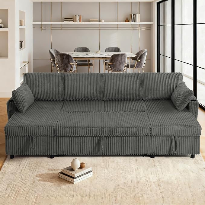 110" Corduroy U-Shape Sofa Bed with Adjustable Backrests, Upholstered Pull Out Sofa Bed with USB Ports, Convertible Sectional Sleeper Couch with Storage Chaise for Living Room, House, Grey