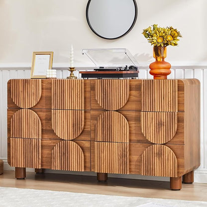 Fluted Dresser for Bedroom with 6 Drawers, 54" Wide Mid Century Modern Chest of Drawers , Wooden Curved Dresser TV Stand, Wood Closet Clothes Storage Organizer for Living Room, Hallway, Walnut
