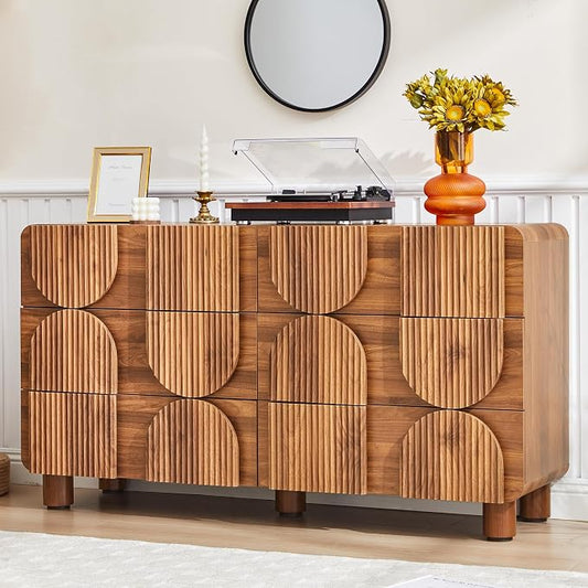Fluted Dresser for Bedroom with 6 Drawers, 54" Wide Mid Century Modern Chest of Drawers , Wooden Curved Dresser TV Stand, Wood Closet Clothes Storage Organizer for Living Room, Hallway, Walnut