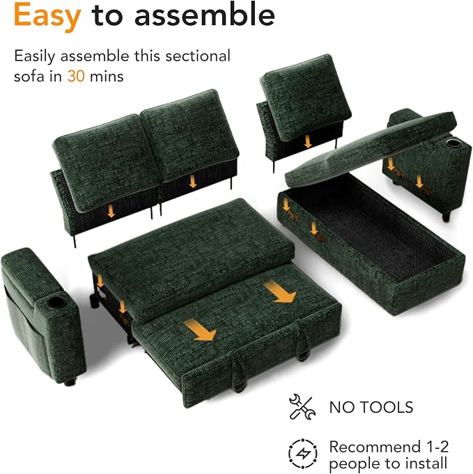 Sunny Heart L-Shaped Sleeper Sofa with Pull Out Bed, 82" Sectional Couch with Reclining Backrest, Reversible Storage Chaise, Armrest Storage, Cup Holders, and Side Pockets, Tool-Free Assembly, Green