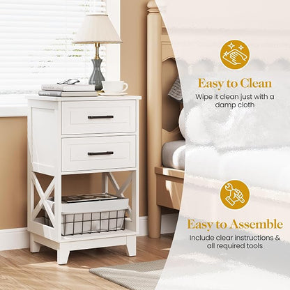 May in Color Nightstand, 30" Tall Side Table with 2 Drawers and Open Shelf, Bedside Table with Solid Feet, Modern Night Stand End Table for Bedroom, Home Office, White