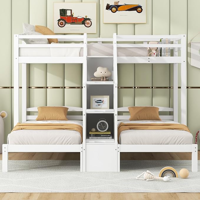 VilroCaz Twin Size Triple Bunk Bed with Built-in Staircase and Storage Drawer, Solid Wood Bunk Bed Frame with Safety Full-Length Guardrail for 3, Bedroom Guest Room Home Furniture