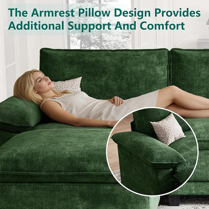 Modern L Shaped Sofa Couches for Living Room, Modular Sectional Cloud Couch with Movable Ottoman, Comfy Chenille Sofa for Apartment and Small Space, Green