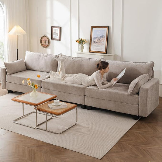 135'' Modular Sectional Couch with All Seats Storage,Oversized 3-Seater Comfy Sofa with 7.8'' Upholstered Cushion,Big Couches with Throw Pillows for Living Room,Bedroom,Chenille,Khaki